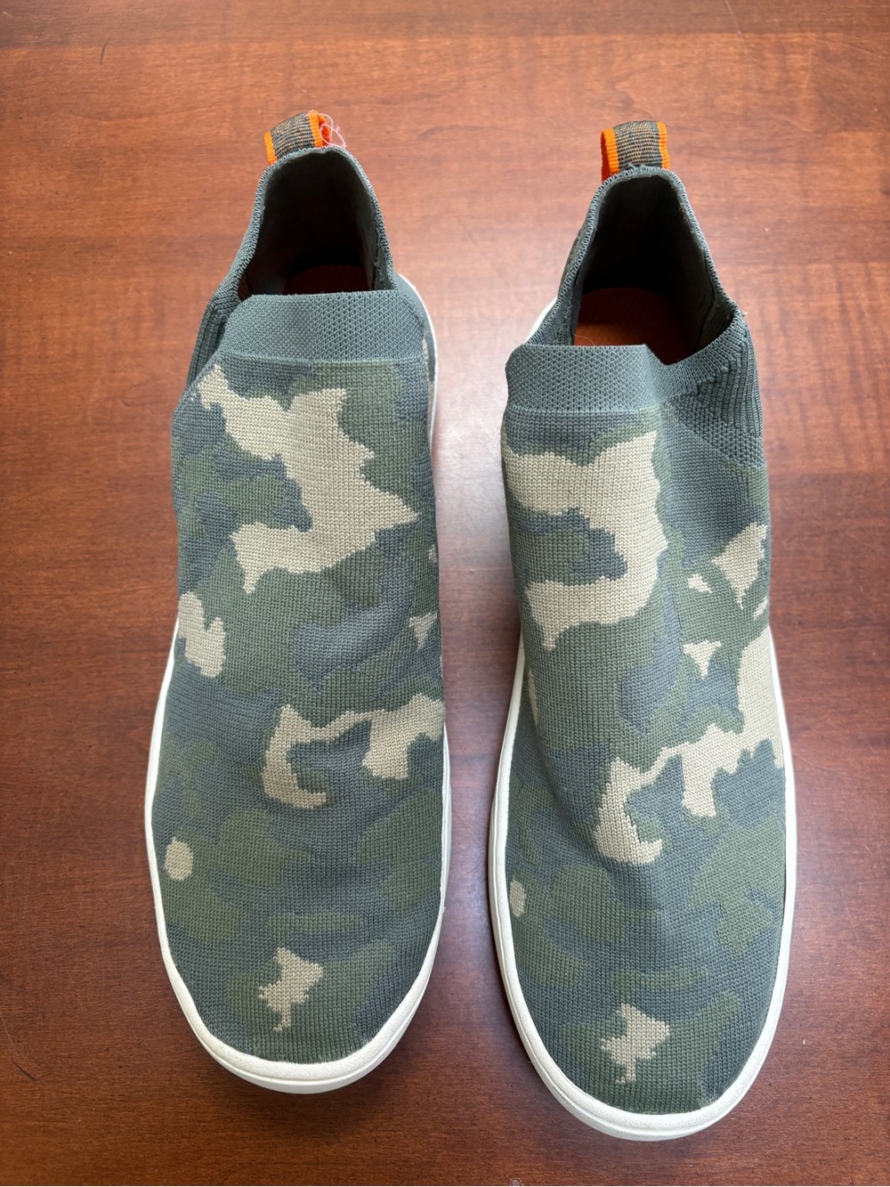 L.L. Bean Women's Slip-On Camouflage Knit Sneakers - Green with Orange Pull Tab